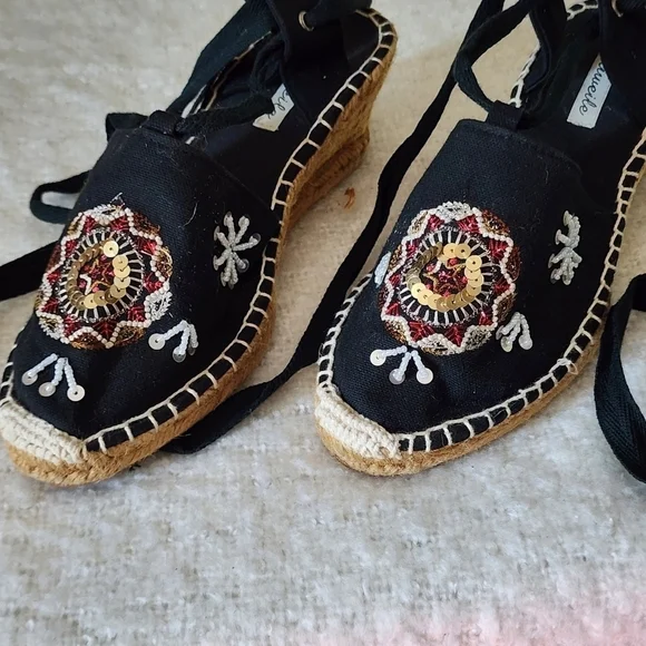 Niweile wedge espadrile sandal color black with floral embroidered size 38 - Picture 2 of 7